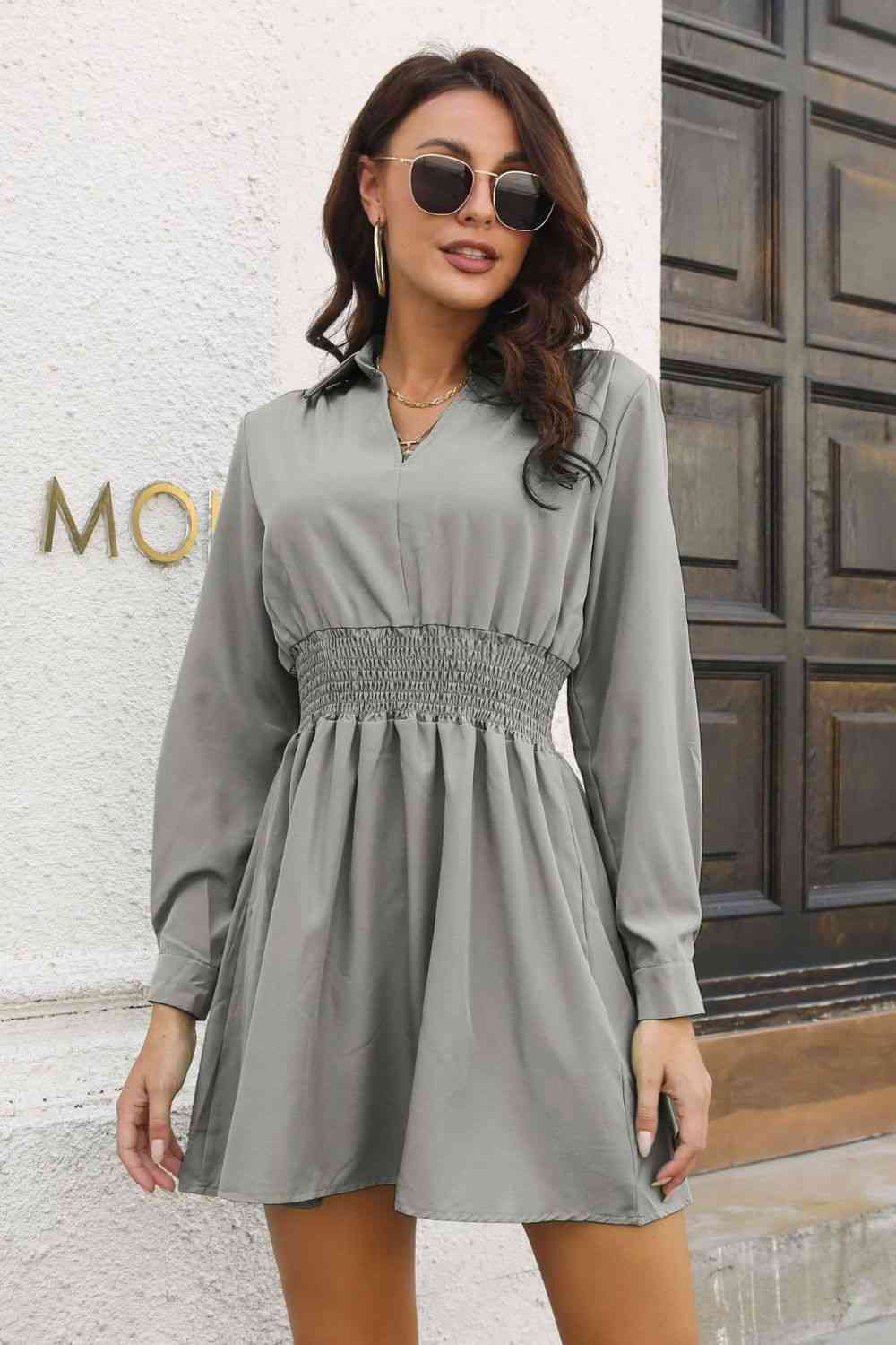 Johnny Collar Smocked Waist Long Sleeve Mini Dress BLUE ZONE PLANET