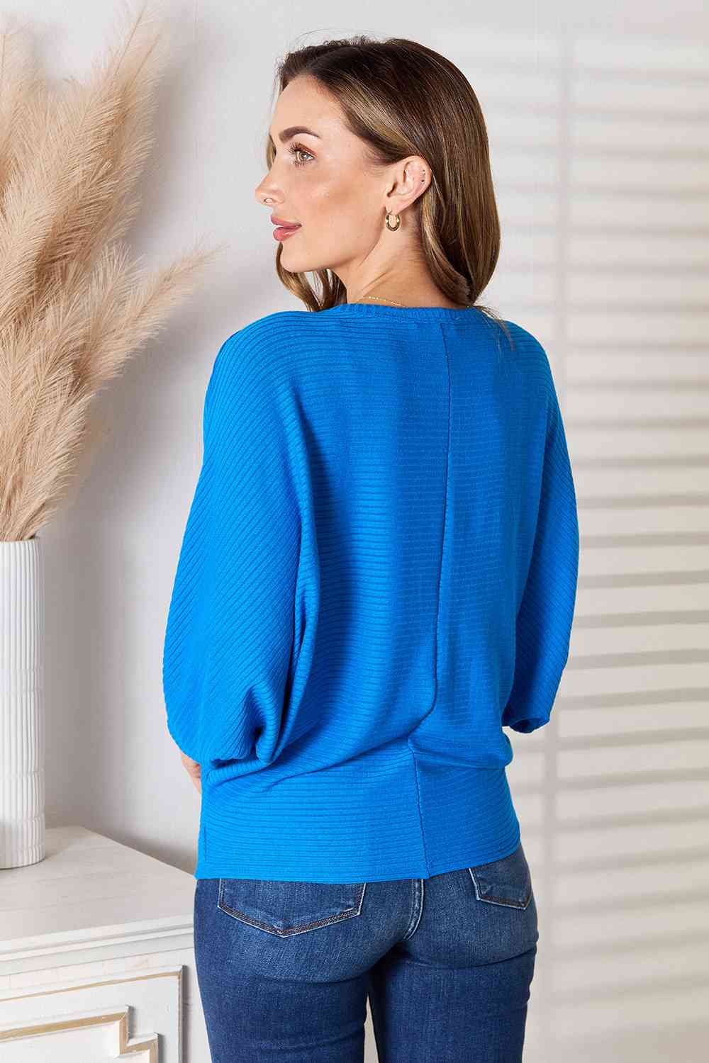 Zenana Full Size Round Neck Batwing Sleeve Blouse BLUE ZONE PLANET