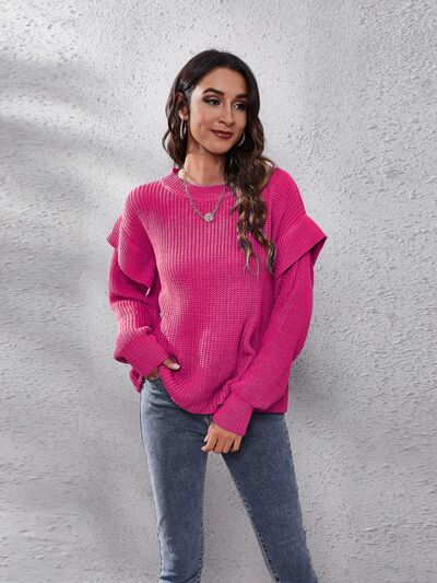 Ruffled Round Neck Dropped Shoulder Sweater BLUE ZONE PLANET