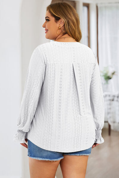 Blue Zone Planet | Plus Size Eyelet Notched Flounce Sleeve Blouse BLUE ZONE PLANET