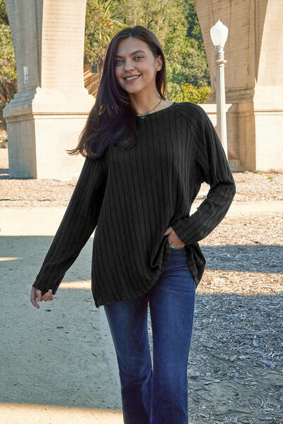 Basic Bae Full Size Ribbed Round Neck Long Sleeve Knit Top BLUE ZONE PLANET