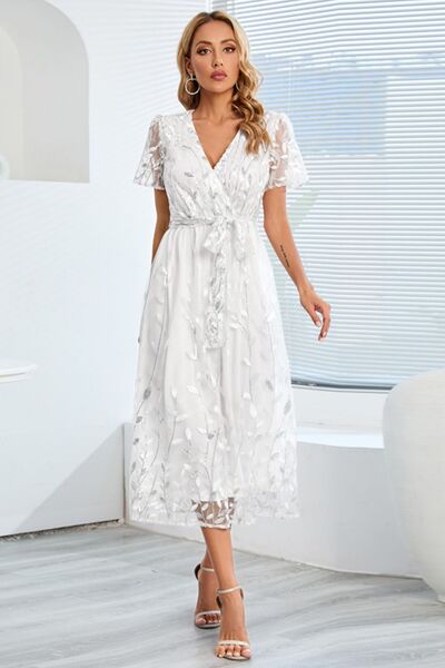 Blue Zone Planet |  Sequin Leaf Embroidery Tie Front Short Sleeve Dress BLUE ZONE PLANET