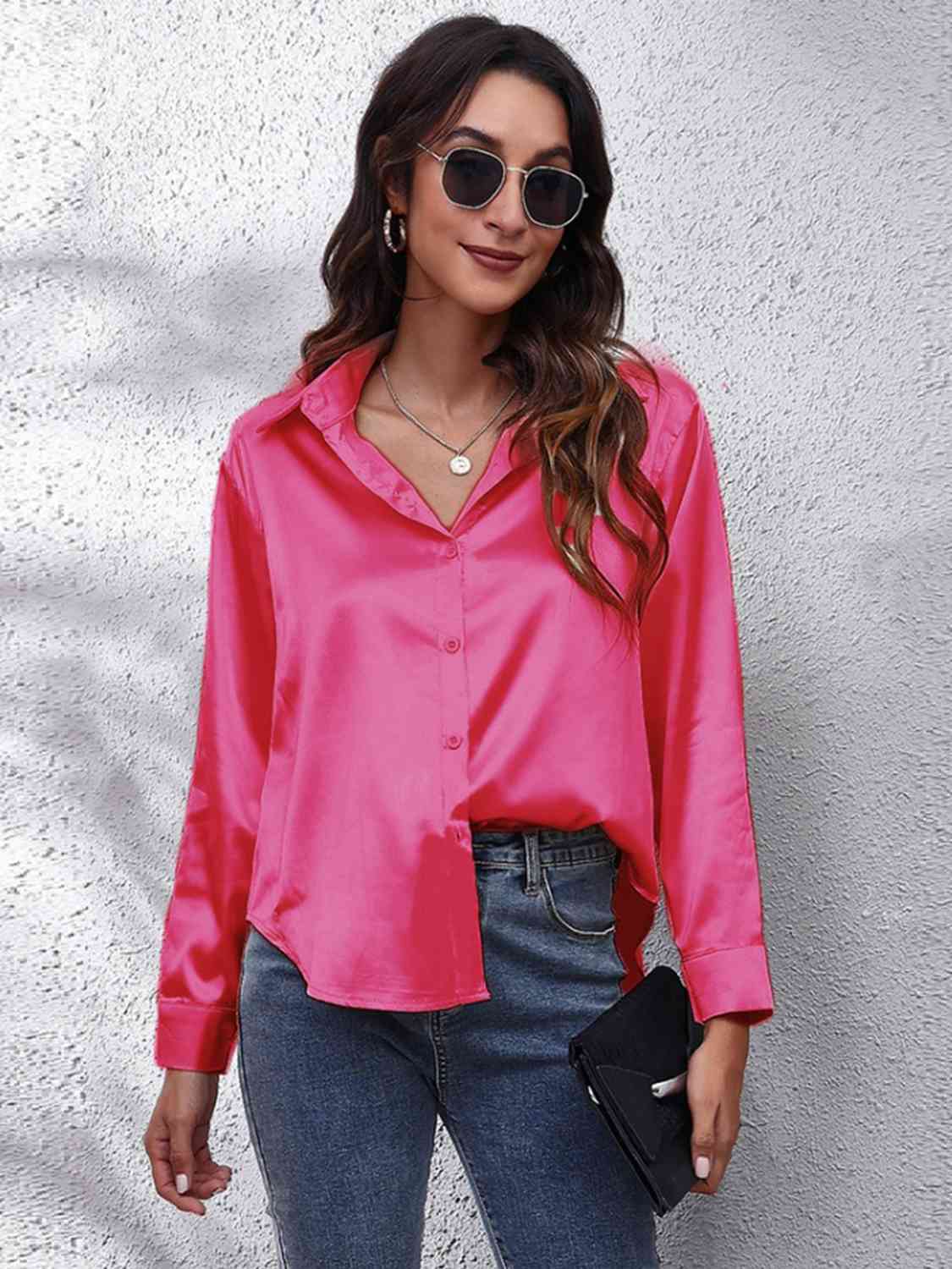 Collared Neck Buttoned Long Sleeve Shirt BLUE ZONE PLANET