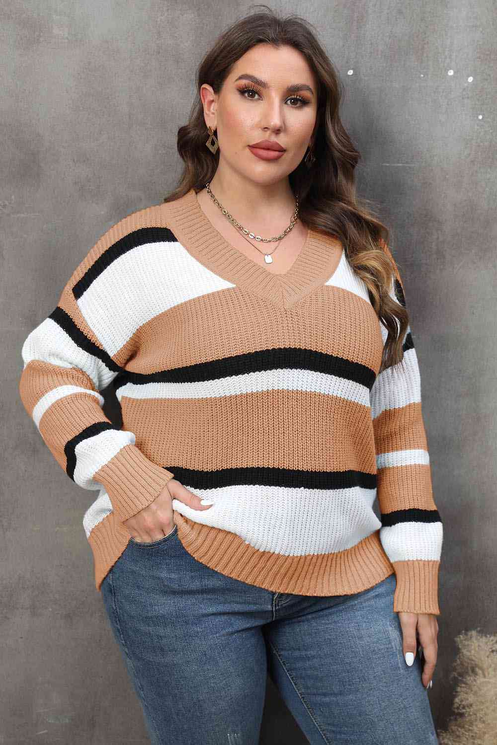 Plus Size Striped V-Neck Dropped Shoulder Sweater BLUE ZONE PLANET
