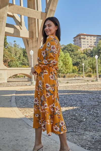 Double Take Full Size Floral Tie Back Flounce Sleeve Dress BLUE ZONE PLANET