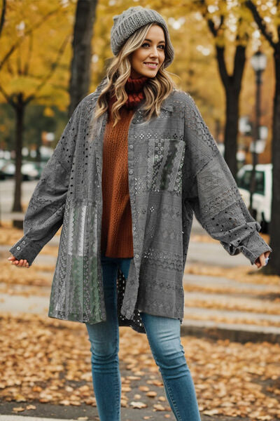 Blue Zone Planet | Openwork Button Up Long Sleeve Shacket BLUE ZONE PLANET