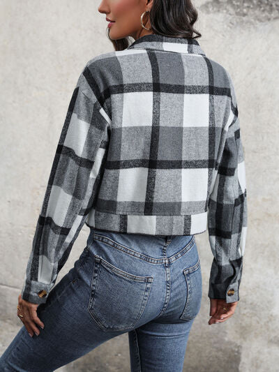 Blue Zone Planet | Plaid Button Up Drop Shoulder Cropped Jacket BLUE ZONE PLANET