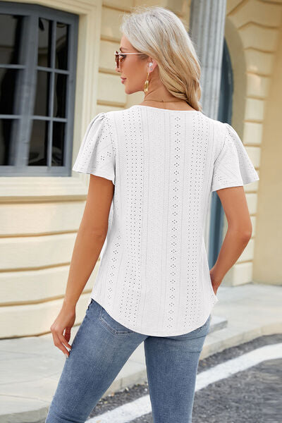 Blue Zone Planet | Eyelet Square Neck Short Sleeve T-Shirt BLUE ZONE PLANET