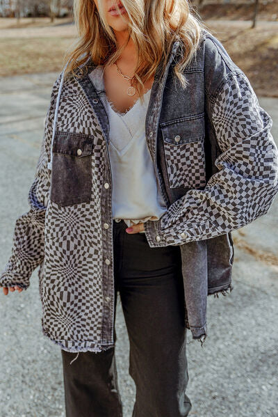 Plaid Snap Down Raw Hem Drawstring Hooded Jacket BLUE ZONE PLANET