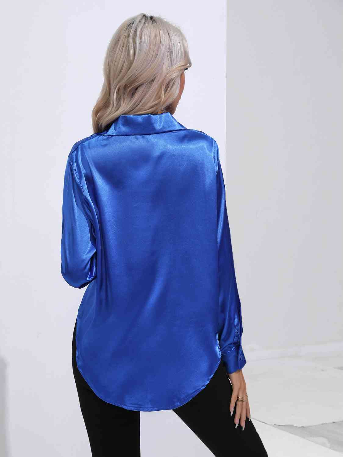Collared Neck Buttoned Long Sleeve Shirt BLUE ZONE PLANET