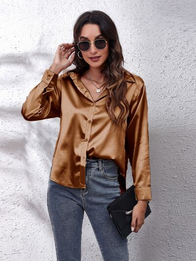 Button Up Collared Neck Long Sleeve Shirt BLUE ZONE PLANET