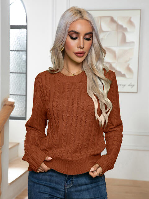 Cable-Knit Round Neck Long Sleeve Sweater BLUE ZONE PLANET