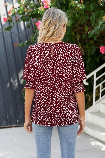 Blue Zone Planet | Polka Dot Round Neck Lantern Sleeve Blouse BLUE ZONE PLANET
