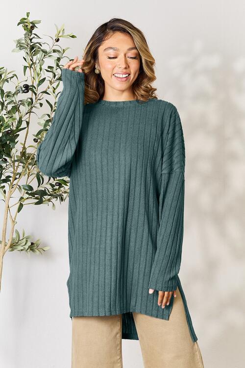 Basic Bae Full Size Ribbed Round Neck Long Sleeve Slit Top BLUE ZONE PLANET