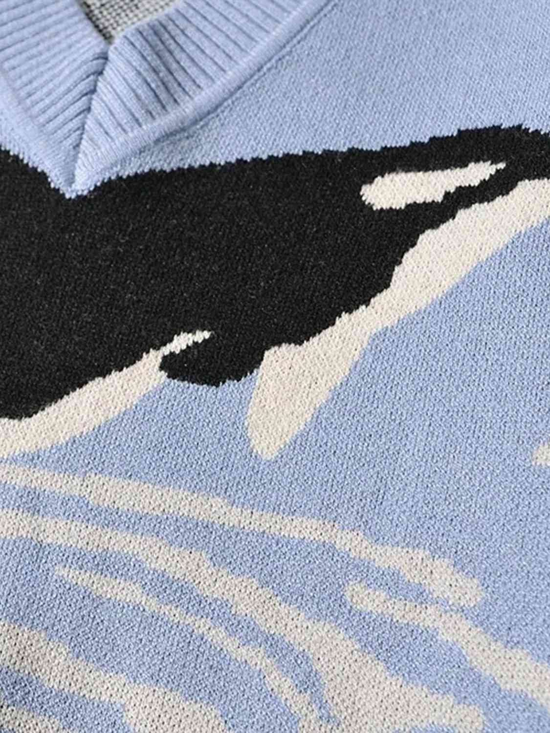 Printed V-Neck Long Sleeve Sweater BLUE ZONE PLANET