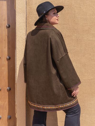 Plus Size Embroidered Open Front Dropped Shoulder Jacket Trendsi