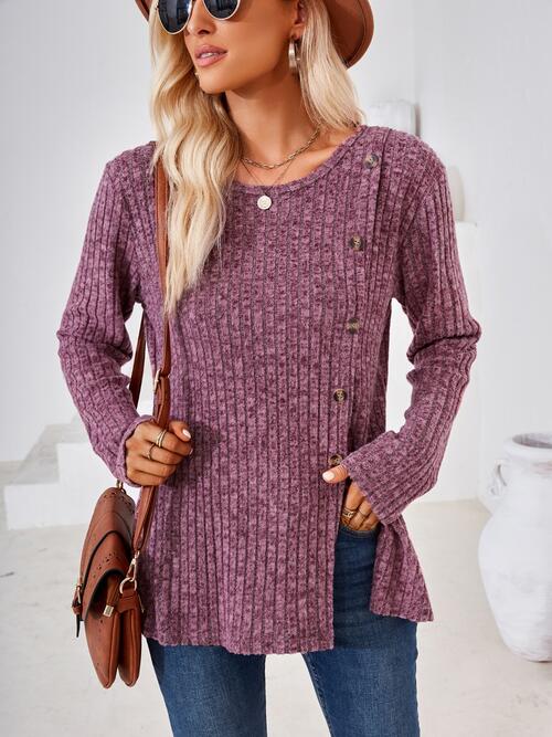 Ribbed Buttoned Round Neck Slit T-Shirt BLUE ZONE PLANET
