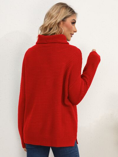 Slit Turtleneck Dropped Shoulder Sweater Trendsi