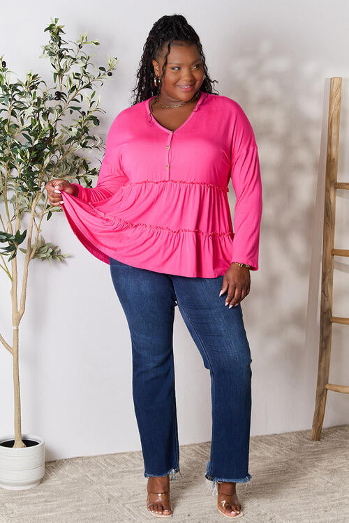 Double Take Half Button Long Sleeve Ruffle Hem Blouse BLUE ZONE PLANET