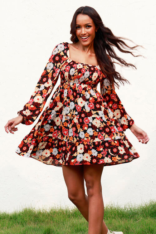 Floral Smocked Balloon Sleeve Tiered Dress BLUE ZONE PLANET
