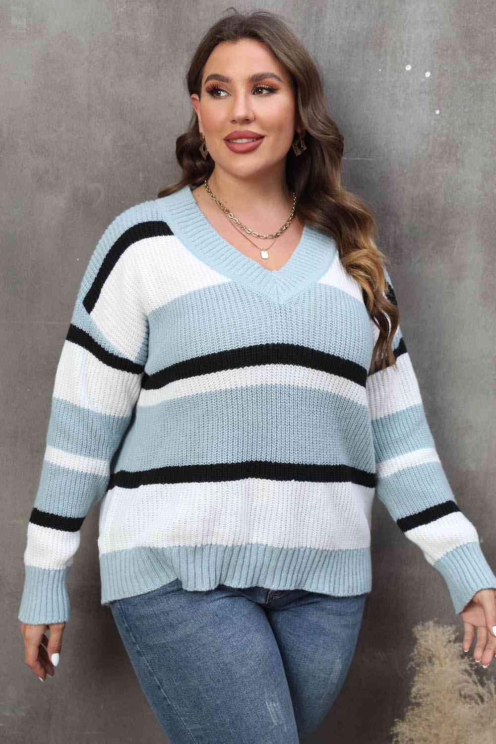 Plus Size Striped V-Neck Dropped Shoulder Sweater BLUE ZONE PLANET
