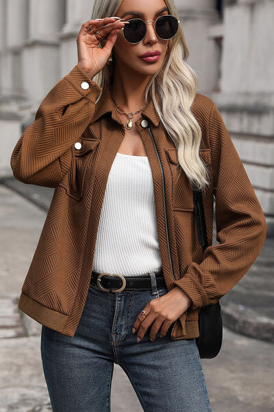 Textured Zip Up Collared Neck Jacket BLUE ZONE PLANET