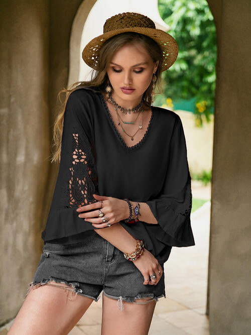 Double Take Plus Size Flower Crochet Flare Sleeve Top BLUE ZONE PLANET