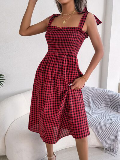 Frill Plaid Square Neck Midi Dress BLUE ZONE PLANET