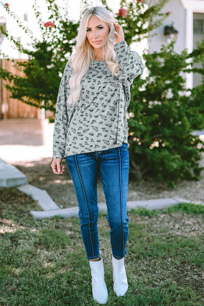 Blue Zone Planet | Leopard Round Neck Long Sleeve T-Shirt BLUE ZONE PLANET