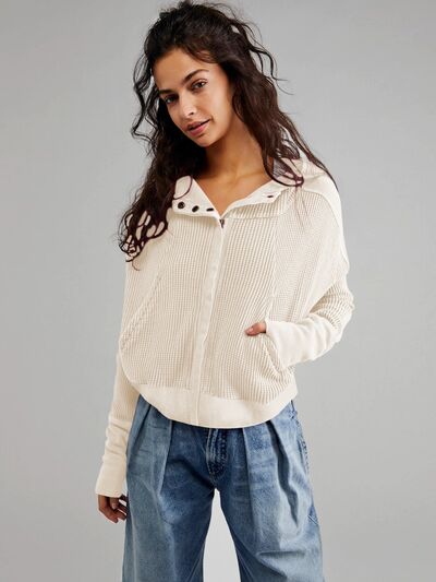 Blue Zone Planet | Waffle-Knit Dropped Shoulder Hooded Jacket BLUE ZONE PLANET