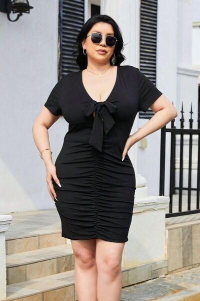 Blue Zone Planet | Plus Size Ruched Tied Short Sleeve Mini Dress BLUE ZONE PLANET