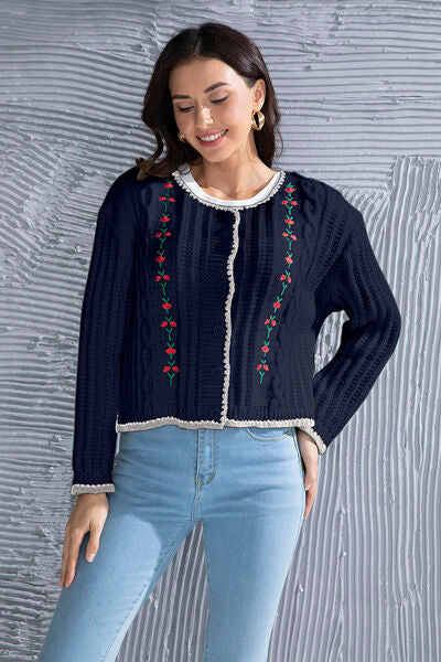 Blue Zone Planet | Graphic Cable-Knit Button Up Cardigan BLUE ZONE PLANET