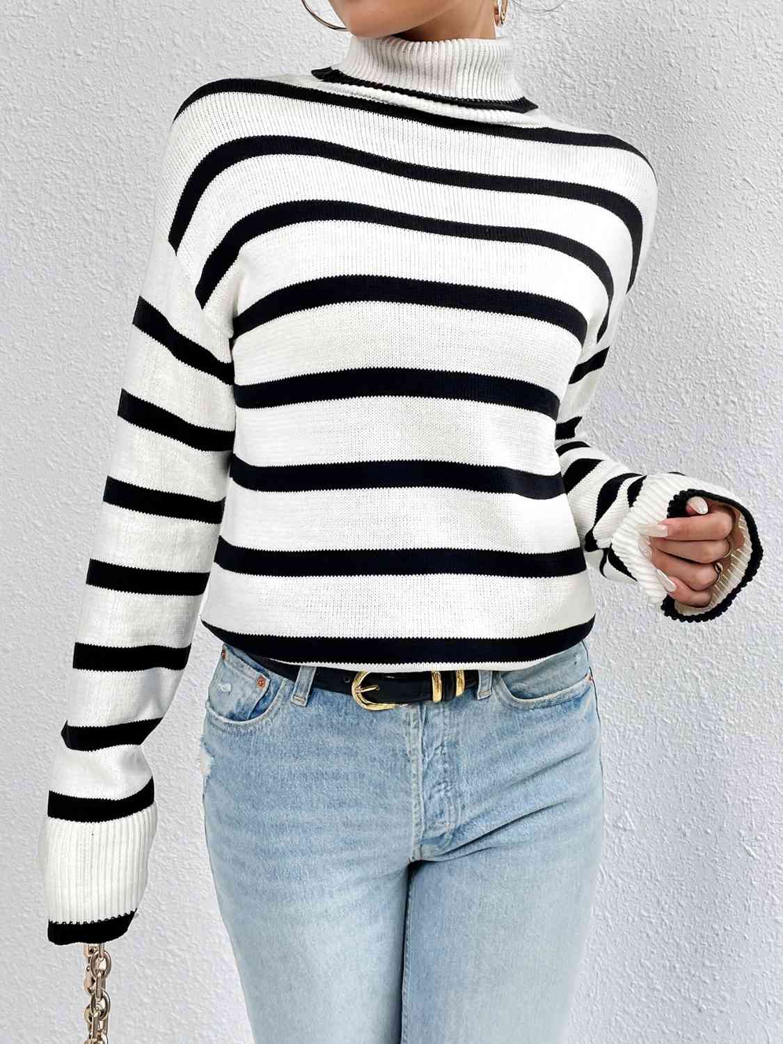 Striped Turtleneck Drop Shoulder Sweater BLUE ZONE PLANET