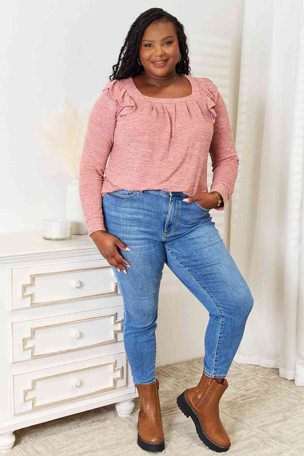 Double Take Square Neck Ruffle Shoulder Long Sleeve T-Shirt BLUE ZONE PLANET