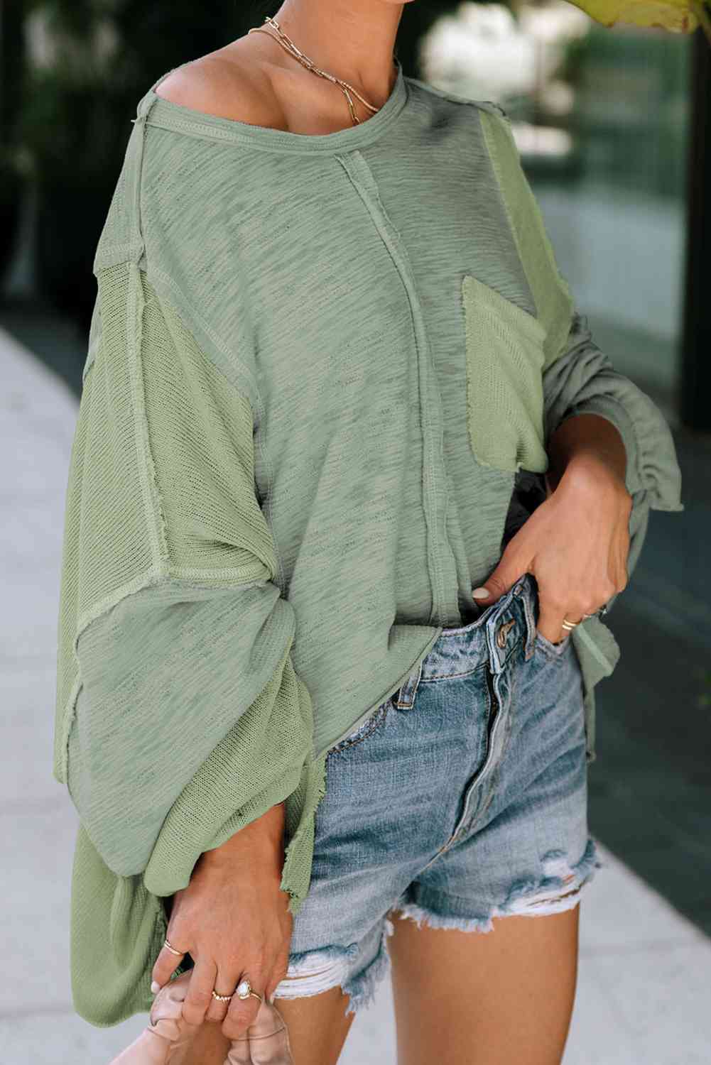 Exposed Seam Round Neck Top with Pocket BLUE ZONE PLANET