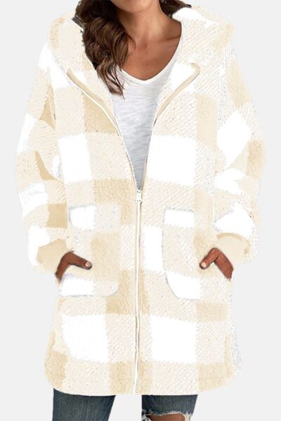 Blue Zone Planet | Double Take Full Size Plaid Long Sleeve Hooded Coat BLUE ZONE PLANET