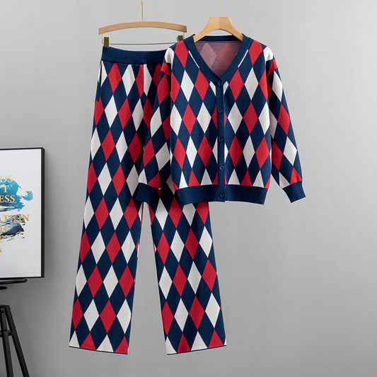 suit fall and winter plaid knit cardigan top pants two-piece tide kakaclo