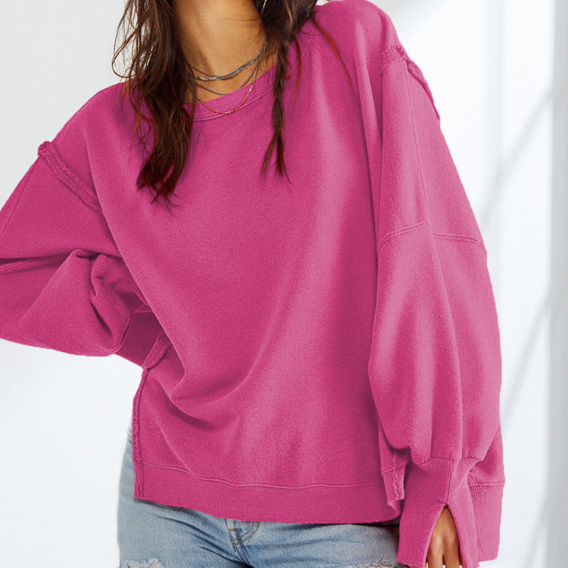 Elara's round neck loose side slit long sleeve BLUE ZONE PLANET
