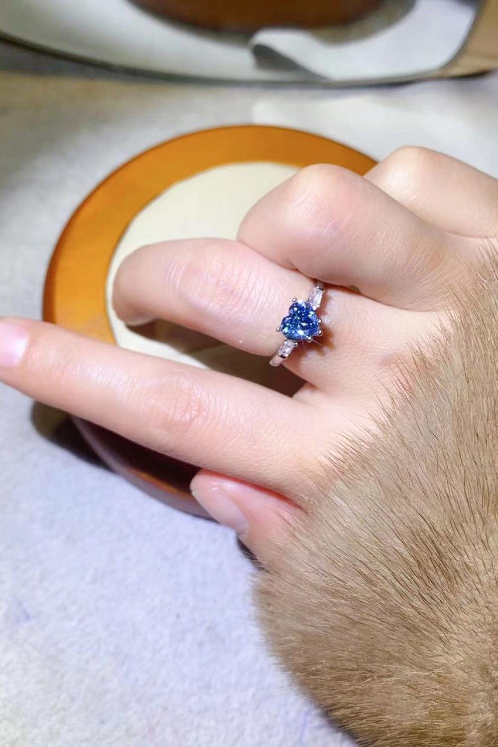 1 Carat Moissanite Heart-Shaped Platinum-Plated Ring in Blue BLUE ZONE PLANET