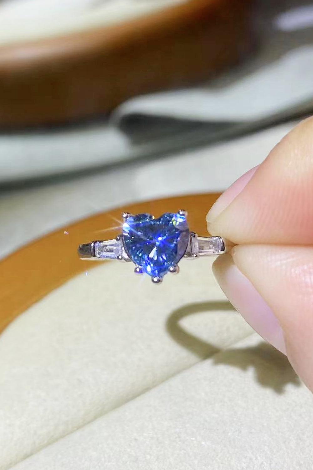 1 Carat Moissanite Heart-Shaped Platinum-Plated Ring in Blue BLUE ZONE PLANET
