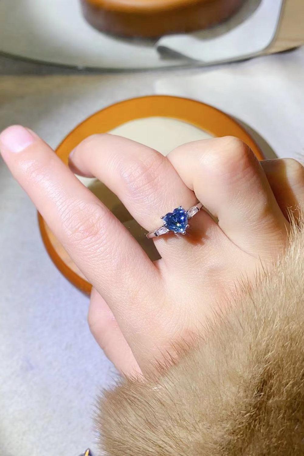 1 Carat Moissanite Heart-Shaped Platinum-Plated Ring in Blue BLUE ZONE PLANET