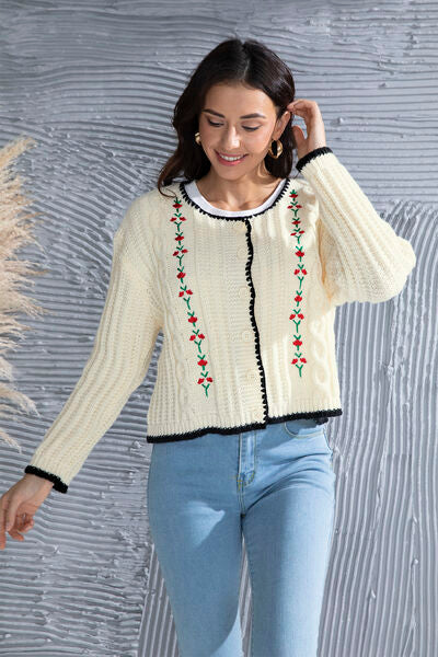 Blue Zone Planet | Graphic Cable-Knit Button Up Cardigan BLUE ZONE PLANET