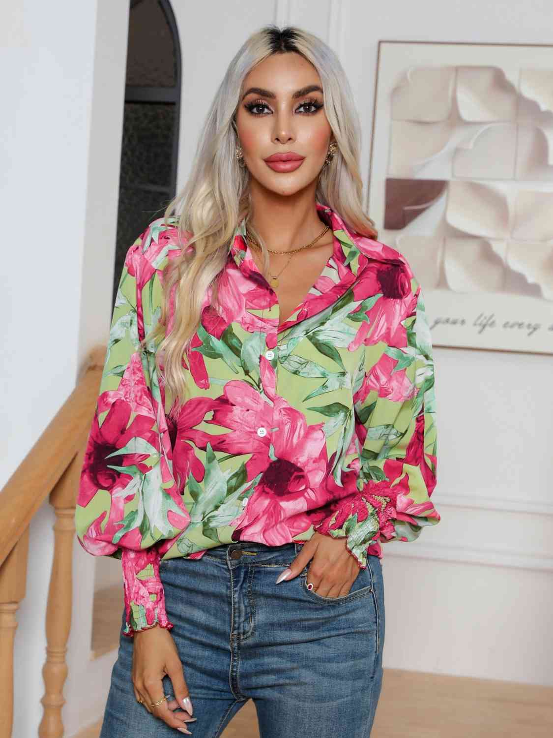 Floral Collared Neck Buttoned Shirt BLUE ZONE PLANET