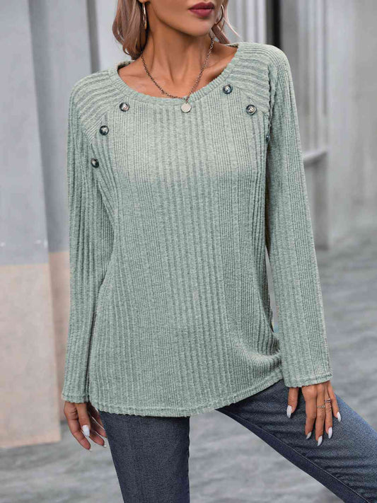 Ribbed Buttoned Round Neck Long Sleeve T-Shirt BLUE ZONE PLANET