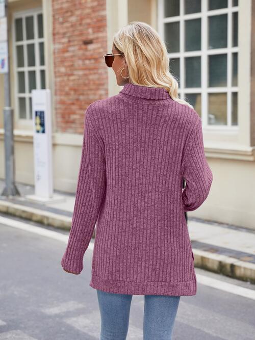 Ribbed Turtleneck Long Sleeve Slit Knit Top BLUE ZONE PLANET