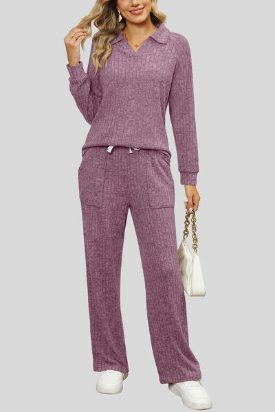 Blue Zone Planet | Ribbed Long Sleeve Top and Pocketed Pants Set BLUE ZONE PLANET