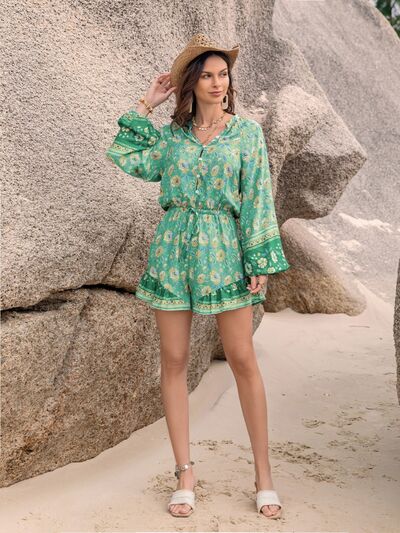 Blue Zone Planet | Printed Ruffled Balloon Sleeve Romper BLUE ZONE PLANET
