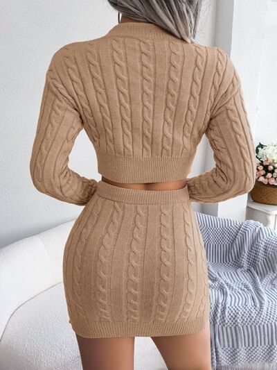 Blue Zone Planet | Cable-Knit Round Neck Top and Skirt Sweater Set BLUE ZONE PLANET