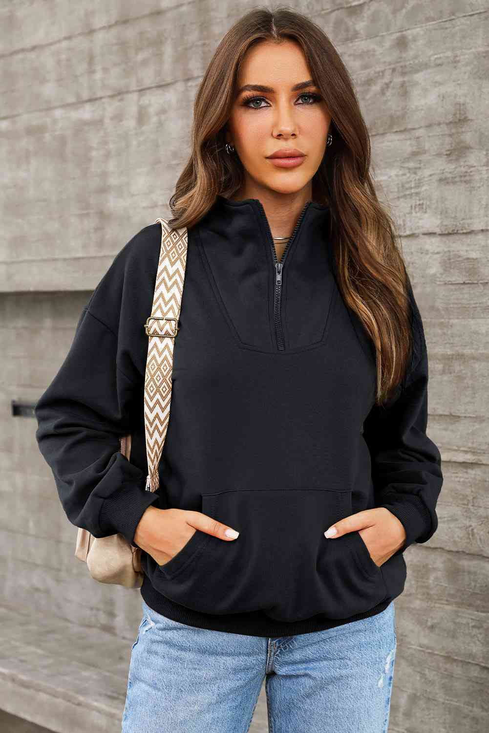 Half Zip Drop Shoulder Sweatshirt and Pocket BLUE ZONE PLANET