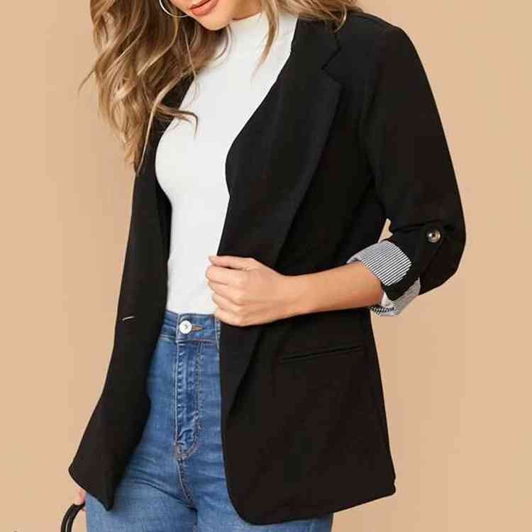Lapel Collar Roll-Tab Sleeve Blazer BLUE ZONE PLANET